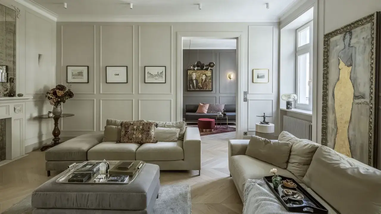 Elegancki salon w stylu **dom art deco** z wygodnymi sofami, stylowymi obrazami i ozdobnym kominkiem.