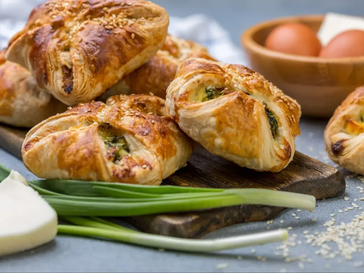 Złociste sakiewki z ciasta francuskiego z sezamem, wypełnione zielonym farszem. Obok pęczek szczypiorku i jajka w miseczce.