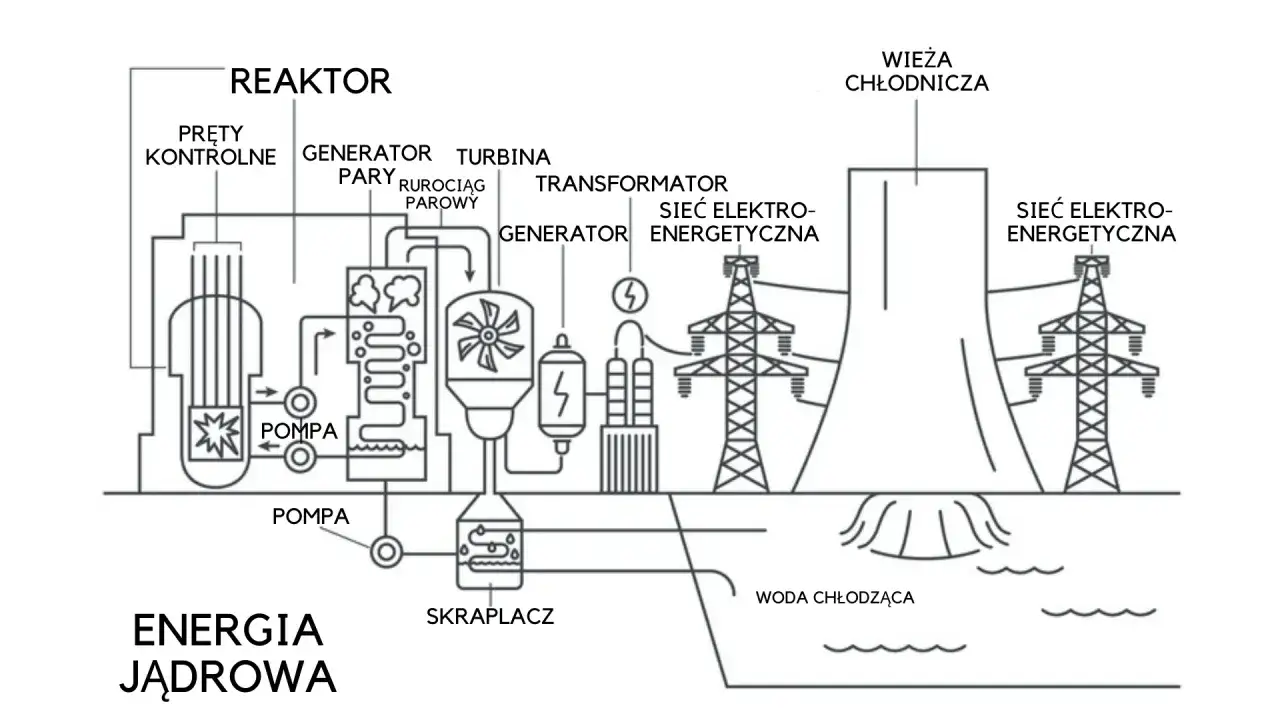 Schemat pokazuje, jak działa elektrownia jądrowa: reaktor, turbina, generator, transformator, wieża chłodnicza i sieć energetyczna.