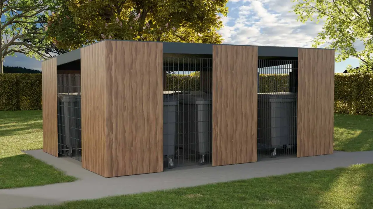 Nowoczesne miejsce na kosze na śmieci w ogrodzeniu, z drewnianymi panelami i metalową siatką, dyskretnie ukrywa pojemniki.