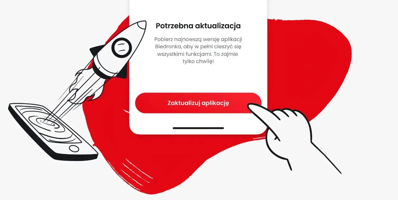 Aplikacja Biedronka nie działa? Zaktualizuj ją, by cieszyć się pełnią funkcji. Rakieta startuje z telefonu, symbolizując szybką aktualizację.