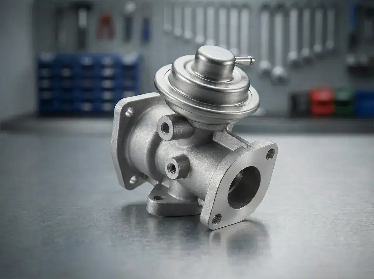 Metalowy zaw&oacute;r EGR zablokowany w pozycji otwartej, gotowy do montażu w warsztacie.