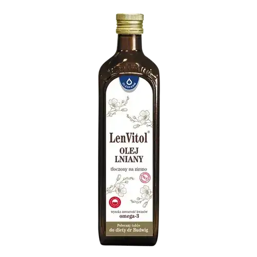 Olej lniany w ciemnej butelce w lod&oacute;wce