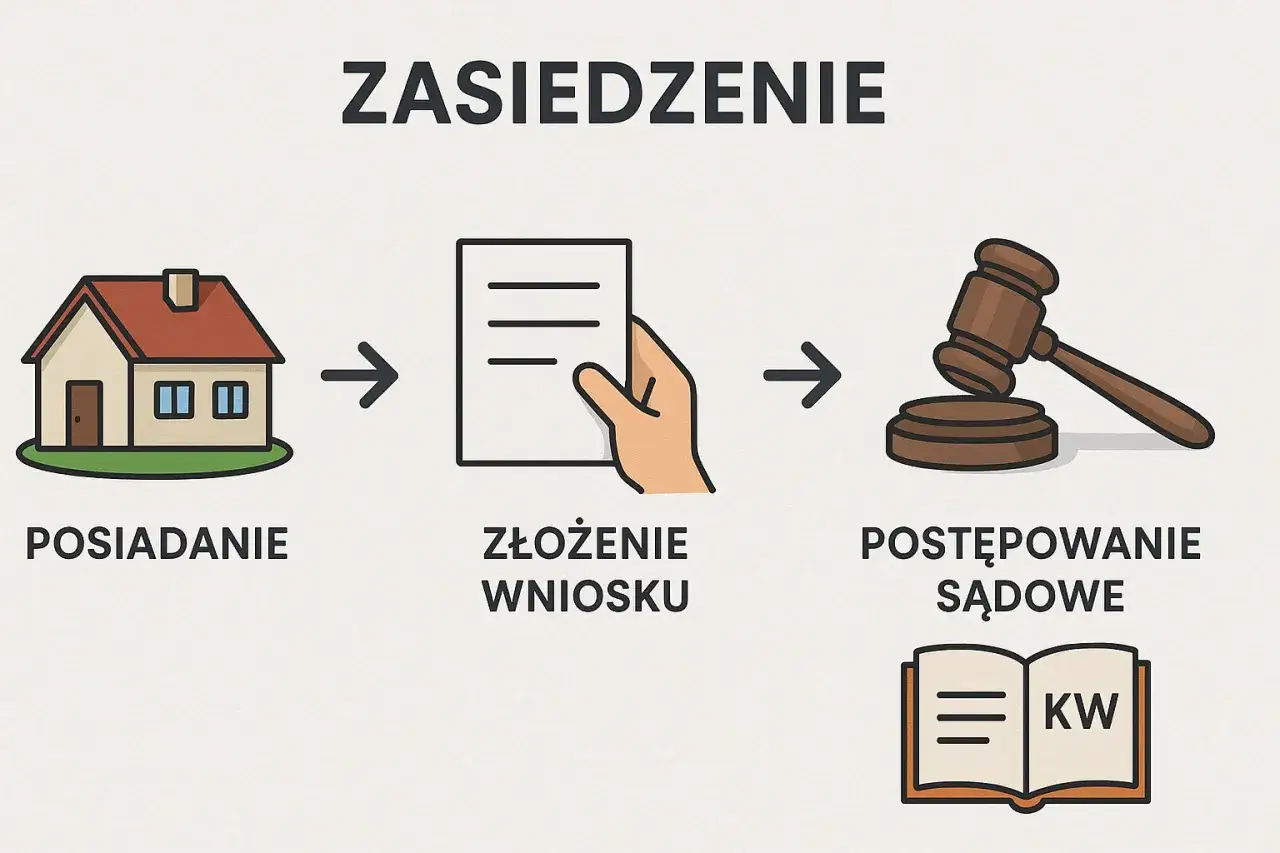 Ilustracja przedstawia proces zasiedzenia nieruchomości po osobie zmarłej: posiadanie, złożenie wniosku i postępowanie sądowe.