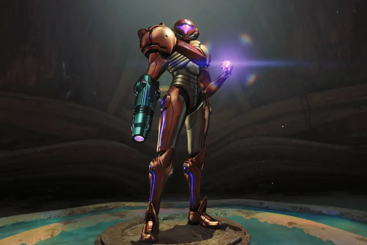 Samus Aran w zbroi, gotowa do walki w świecie Metroid Prime 4.