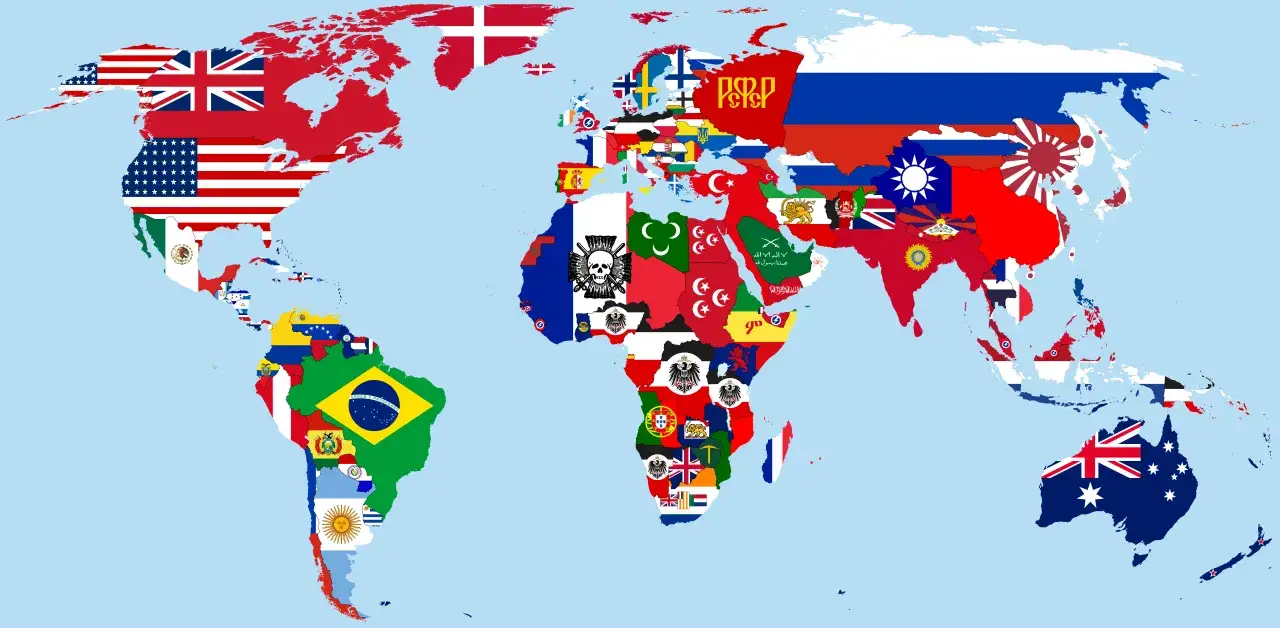 Mapa świata z flagami, gdzie USA, Wielka Brytania i Rosja to najpotężniejsze państwo świata.