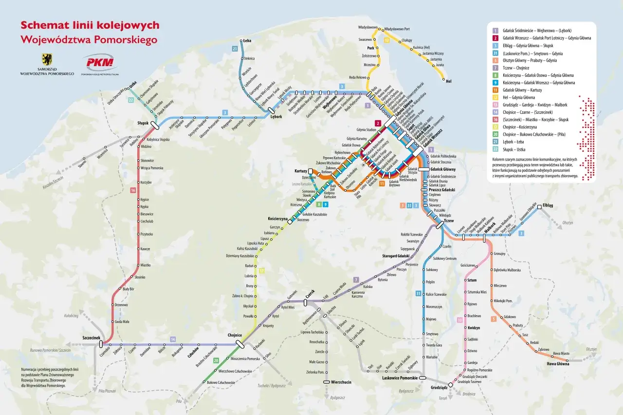 Mapa połączeń kolejowych do Stegny i okolic