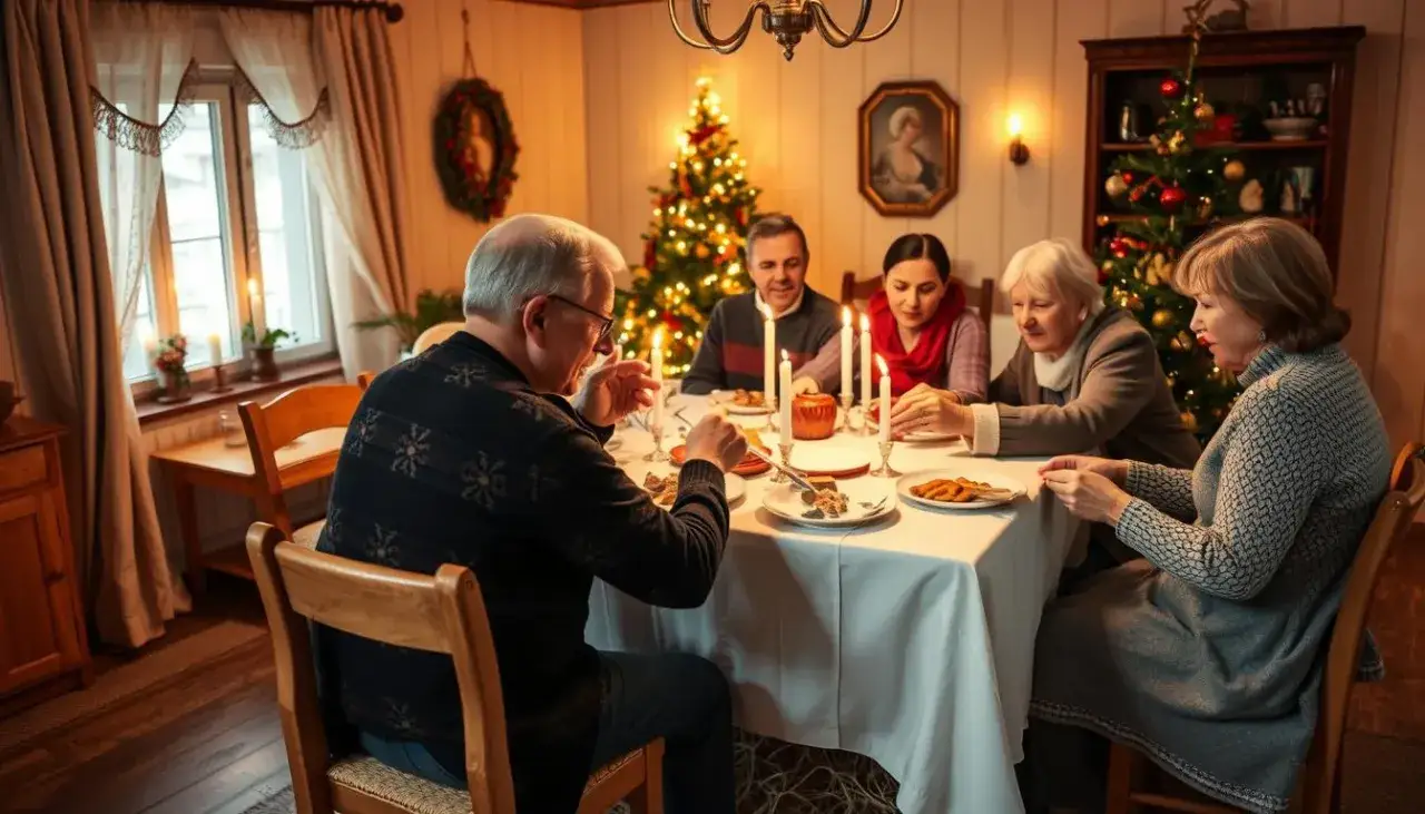 rodzina przy stole wigilijnym składająca życzenia