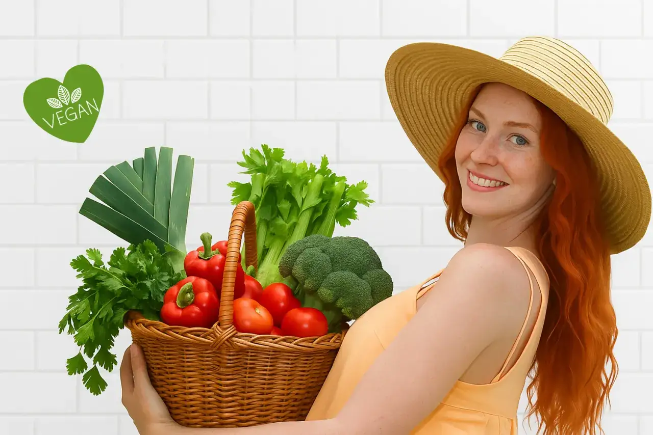 Uśmiechnięta rudowłosa kobieta w kapeluszu trzyma koszyk pełen warzyw. Czy dieta wegańska jest niebezpieczna? Nie, gdy jest bogata w świeże produkty!