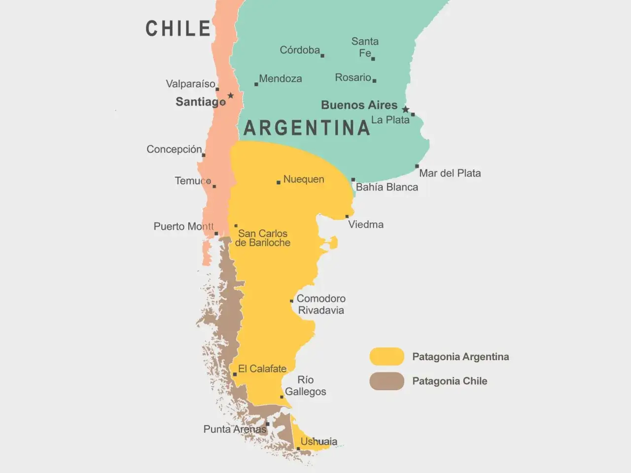 Mapa pokazuje, gdzie leży Patagonia &ndash; południowe krańce Argentyny i Chile, z zaznaczonymi miastami jak Ushuaia czy Punta Arenas.