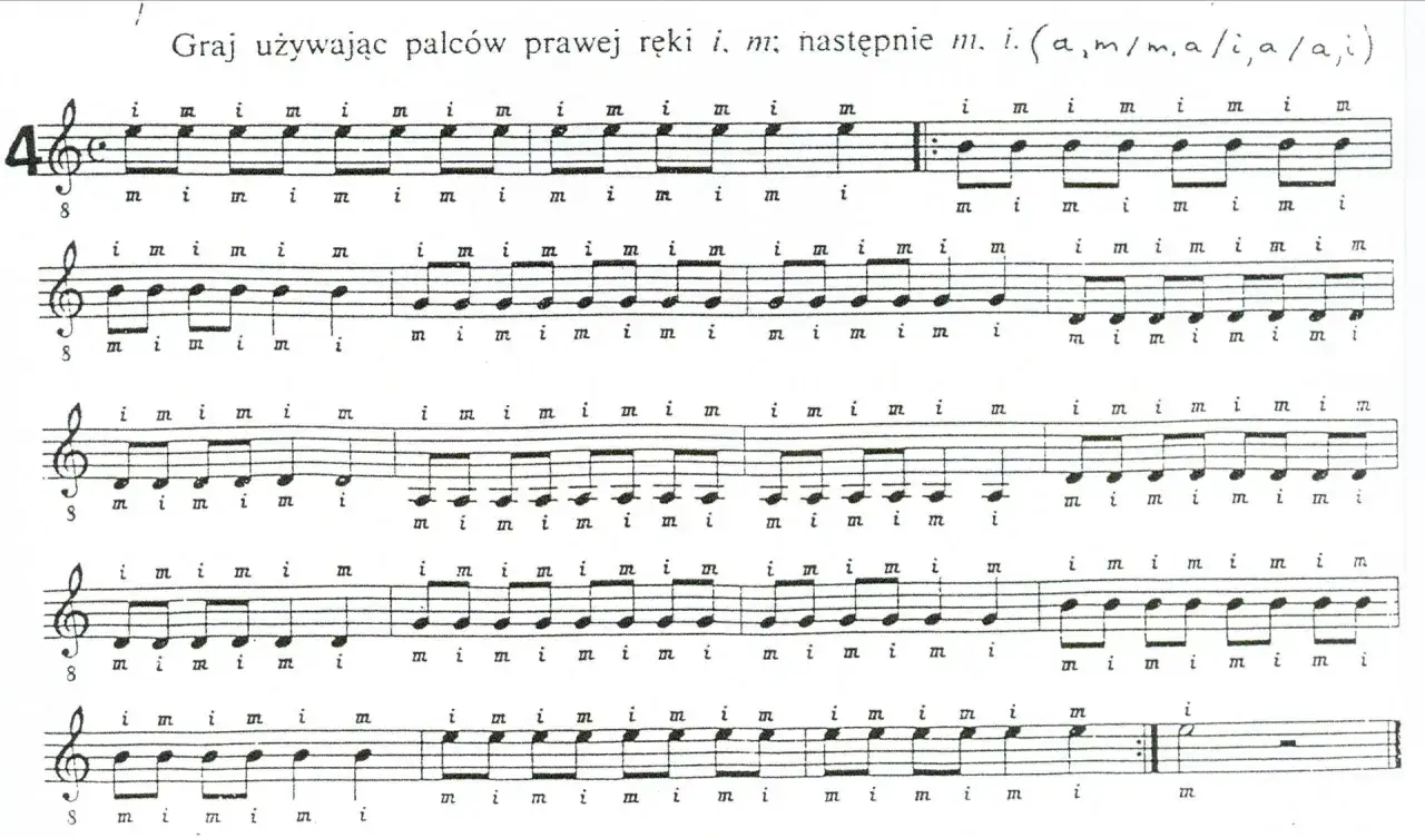 Instrukcja gry na skrzypcach: jak czytać nuty, palce prawej ręki (i, m) i ich sekwencje.