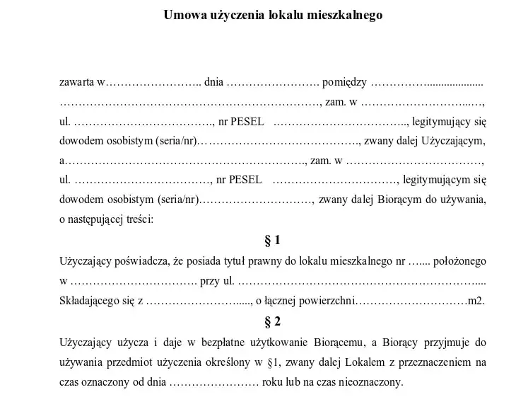 umowa użyczenia mieszkania wz&oacute;r