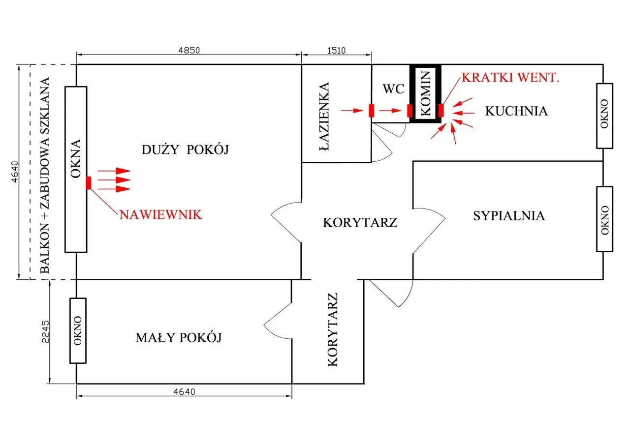 Schemat wentylacji w bloku z wielkiej płyty: nawiewniki w oknach, kratki wentylacyjne w kuchni i łazience, komin.