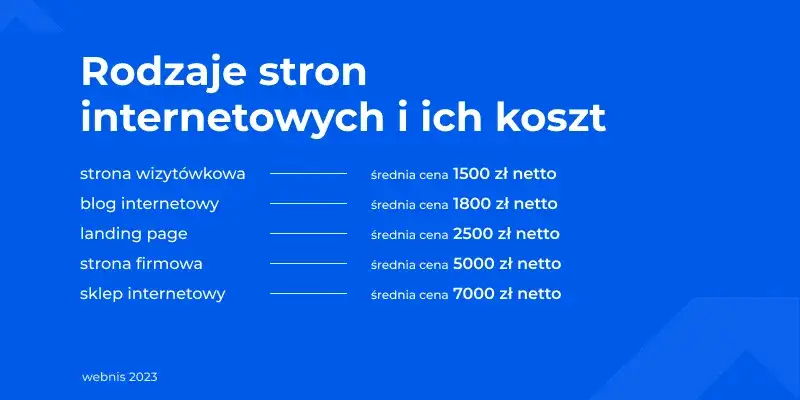 Rodzaje stron internetowych i ich ceny wizualizacja
