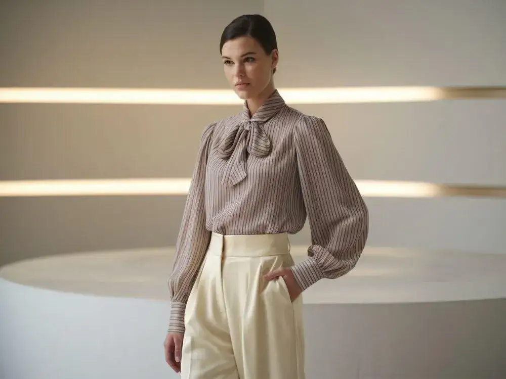 Karmelowa bluzka stylizacje biuro casual wieczór