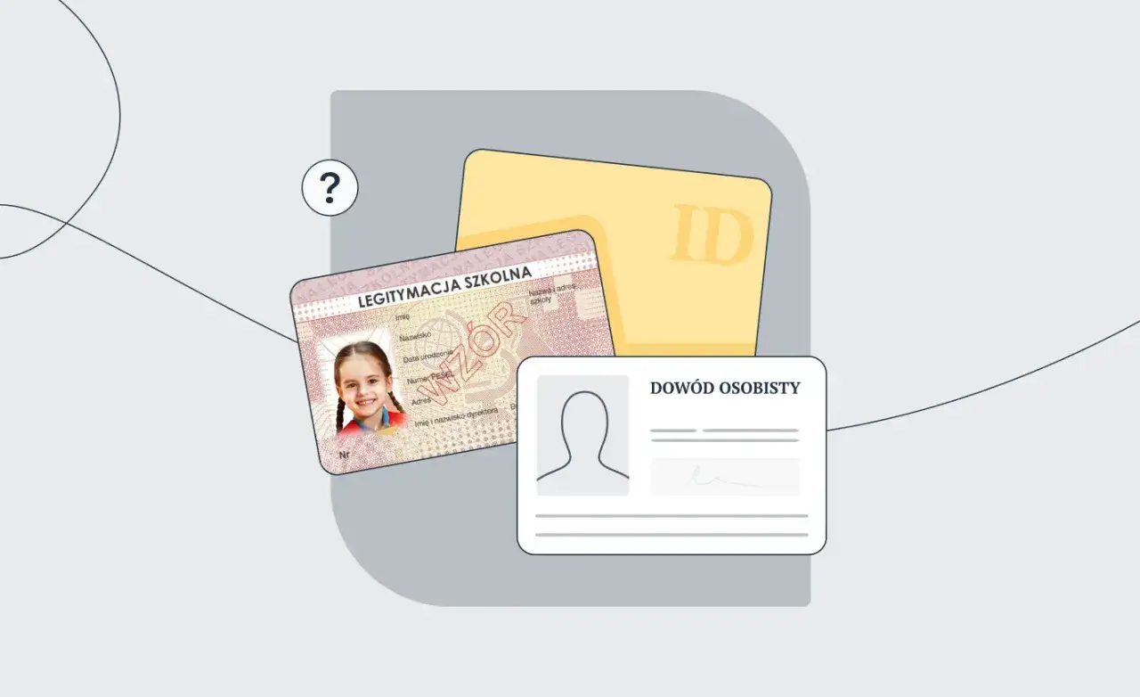 Ile zdjęć do legitymacji szkolnej? Na obrazku widać legitymację szkolną z uśmiechniętą dziewczynką, żółtą kartę ID i wzór dowodu osobistego.