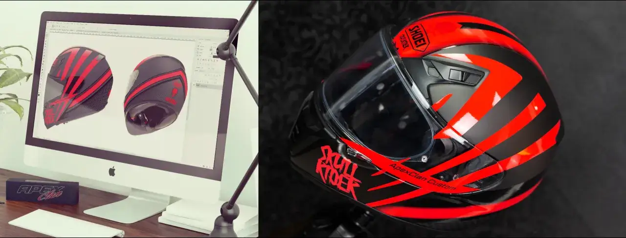 Projektowanie oklejania kasku motocyklowego w programie graficznym. Gotowy kask Shoei z czerwono-czarnym wzorem 