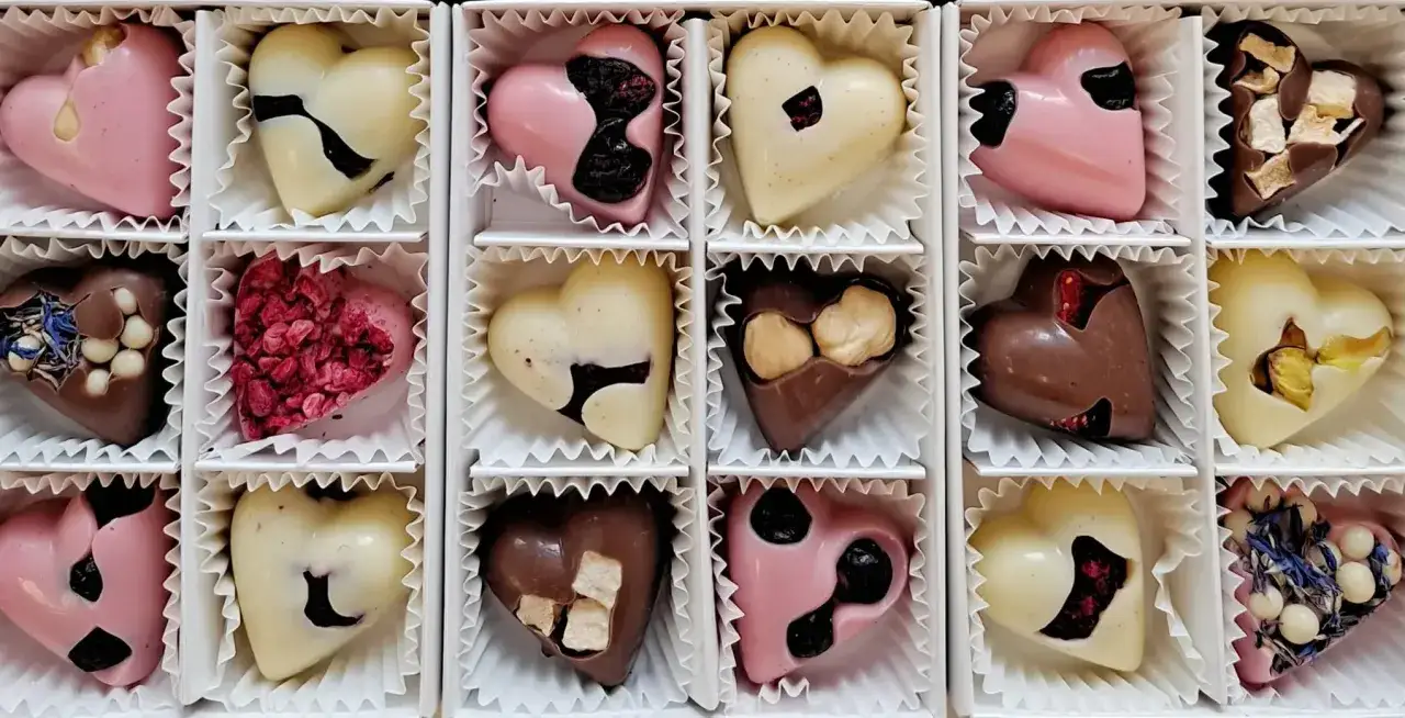 Pudełko serduszkowych czekoladek z r&oacute;żnymi nadzieniami: owocami, orzechami i kwiatami. Idealne pomysły na dzień czekolady!