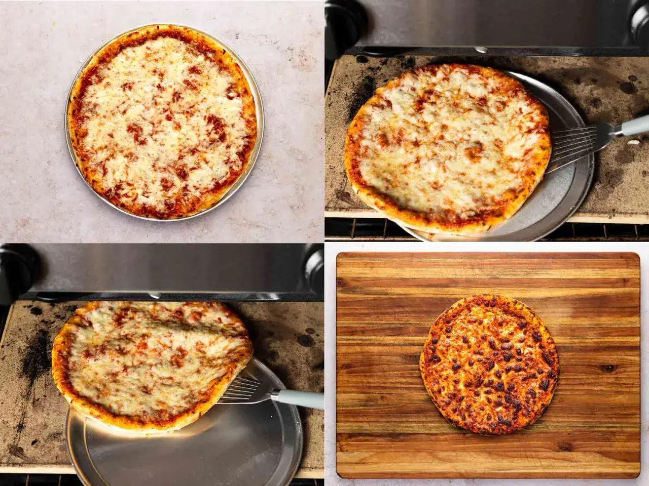 Pieczenie pizzy w piekarniku z termoobiegiem. Ser apetycznie się rozpływa, a ciasto nabiera złotego koloru. Gotowa pizza ląduje na desce.