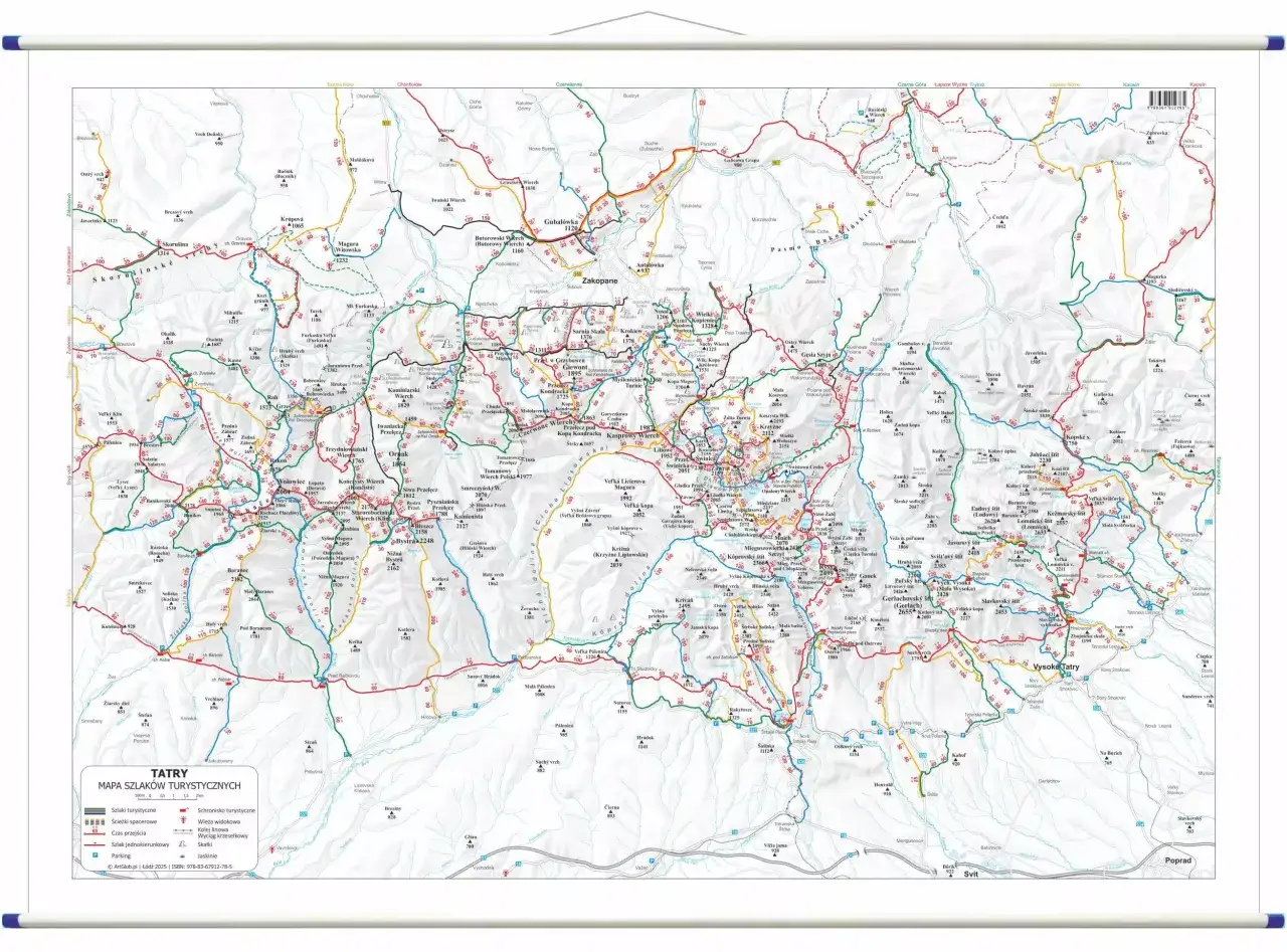 Mapa Tatr z zaznaczonymi szlakami. Kolory szlaków w Tatrach oznaczają ich trudność i czas przejścia.