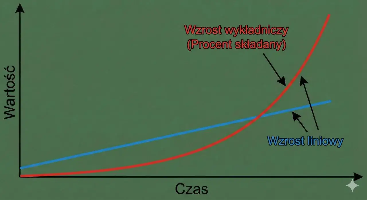 Wykres pokazuje, że czy emerytura kapitałowa jest korzystna dzięki procentowi składanemu, który rośnie wykładniczo, przewyższając wzrost liniowy.