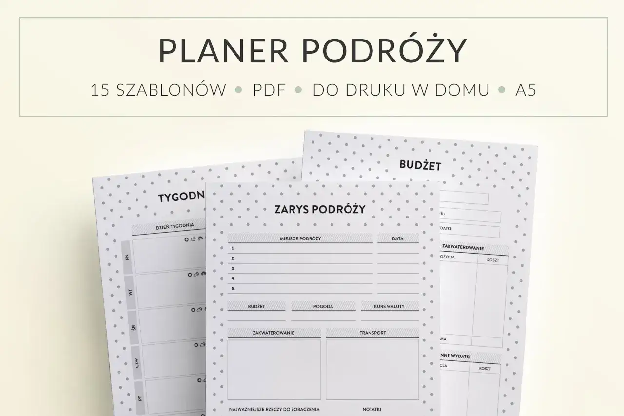 Planer podróży z szablonami do druku. Pomaga jak zaplanować podróż, budżet, zakwaterowanie i transport.