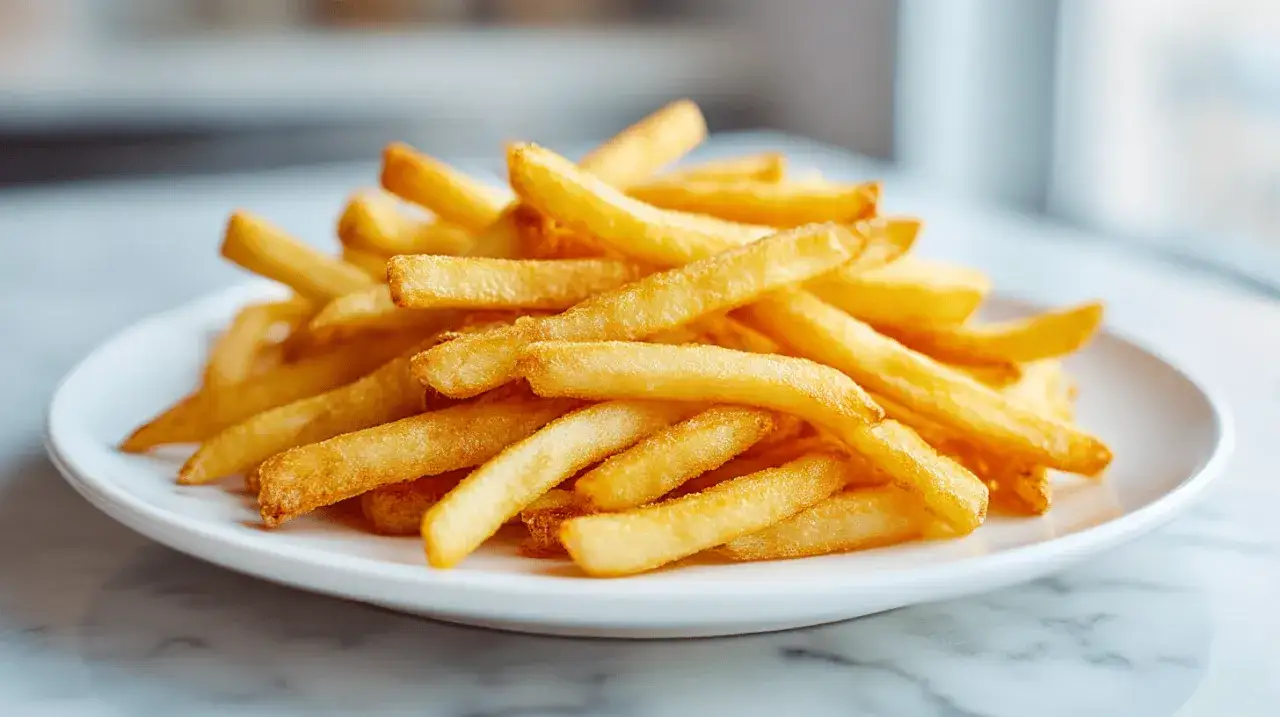 Złociste frytki na talerzu, idealne do przygotowania w airfryer. Prosty sposób, jak zrobić frytki w airfryer, by były chrupiące i pyszne.