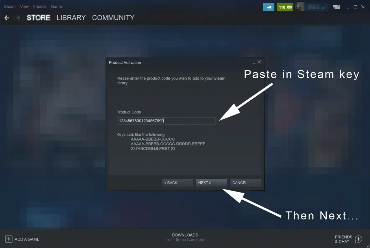 Okno aktywacji produktu w Steam. Wpisz sw&oacute;j klucz produktu, aby dodać grę do biblioteki. Następnie kliknij 