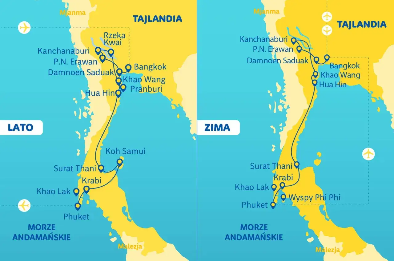 Mapy Tajlandii pokazują, gdzie leży Bangkok, z trasami podróży latem i zimą, obejmującymi Kanchanaburi, Hua Hin i wyspy.
