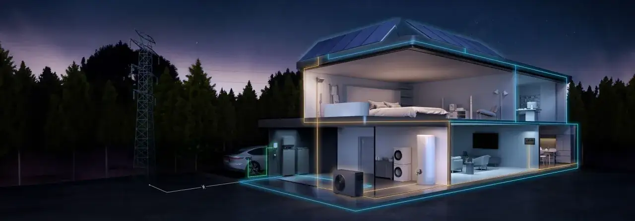 Nowoczesny dom z panelami słonecznymi na dachu i systemem magazynowania energii. Instalacja off grid zasila samoch&oacute;d elektryczny i wnętrze domu.