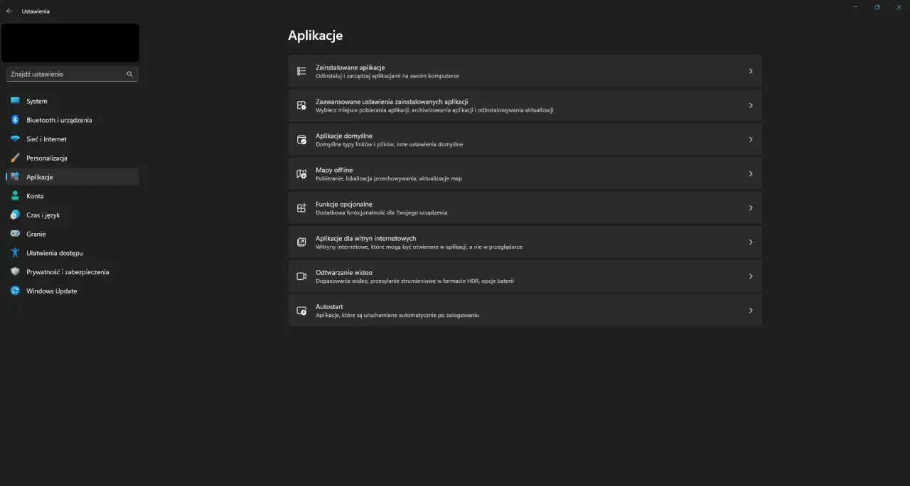 Ustawienia aplikacji w Windows 11: jak ustawić domyślną przeglądarkę. Widok menu 