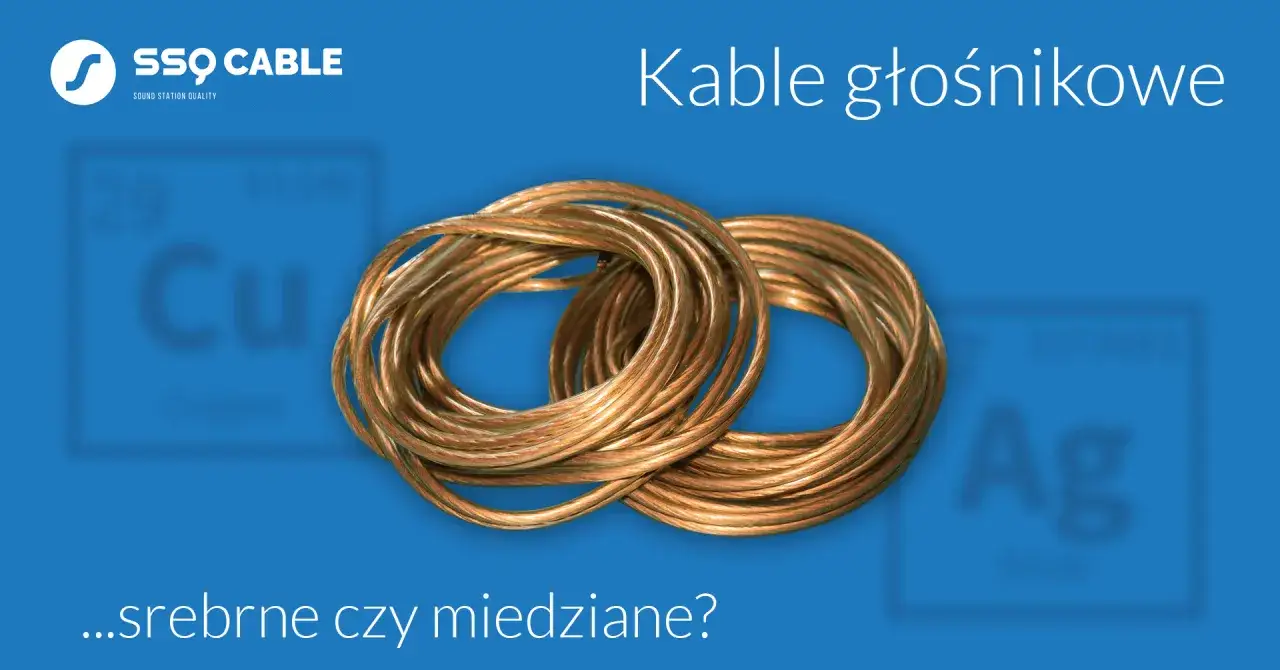Dwa zwoje miedzianych kabli głośnikowych na niebieskim tle z symbolami pierwiastków Cu i Ag. Który metal najlepiej przewodzi prąd?
