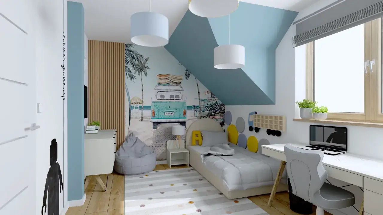 Wesoły pokój dla chłopca z motywem plażowym na ścianie, łóżkiem, biurkiem i pufą.