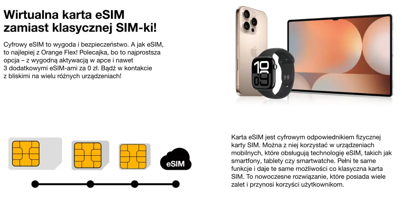 Cyfrowy eSIM od Orange Flex to wygoda i bezpieczeństwo. Używaj go na smartfonie, tablecie i zegarku.