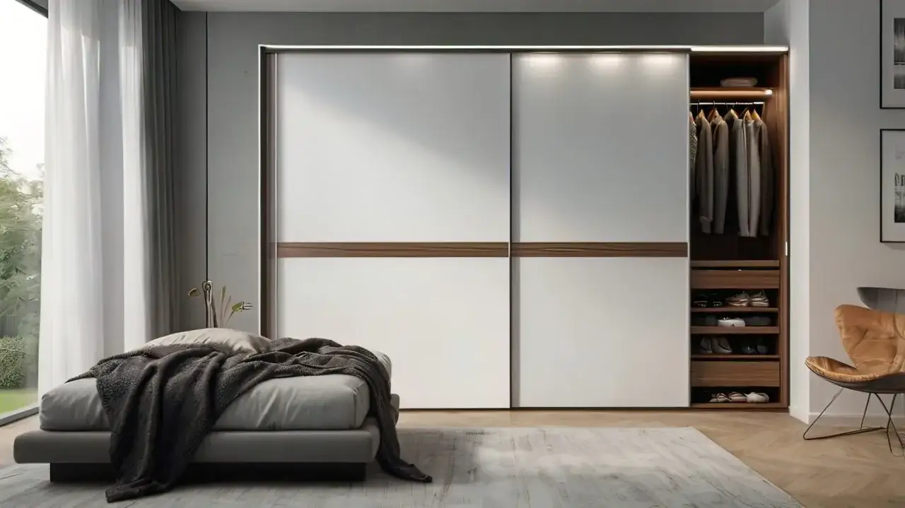 Nowoczesna szafa z drzwiami przesuwnymi, z otwartą częścią na ubrania i półkami na buty. Idealna inspiracja, jak zrobić szafę z drzwiami przesuwnymi.