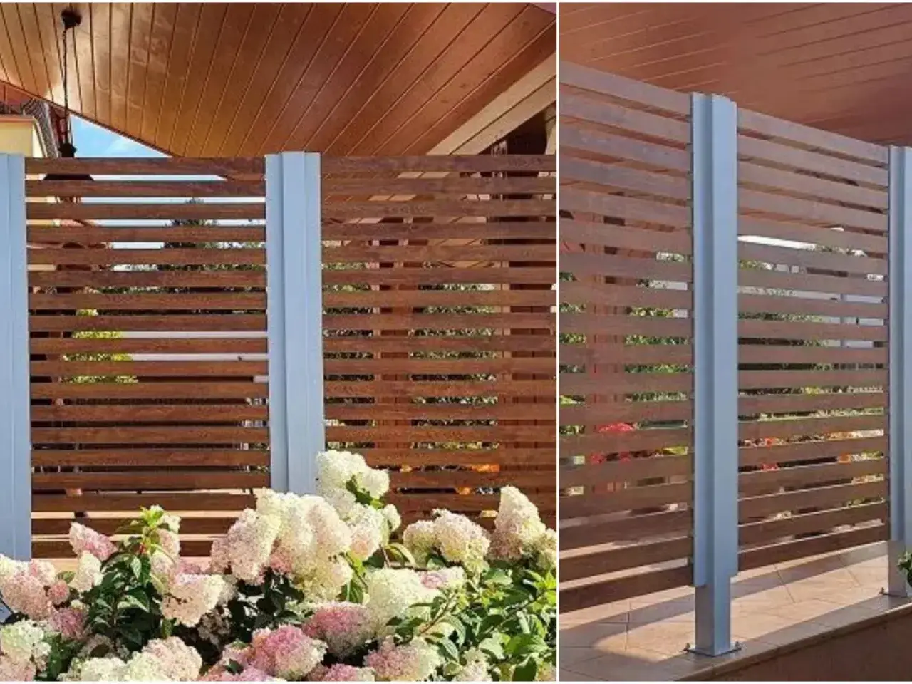 Nowoczesne ogrodzenie na taras z drewnianych desek i metalowych słupków. Piękne hortensje kwitną przed nim.