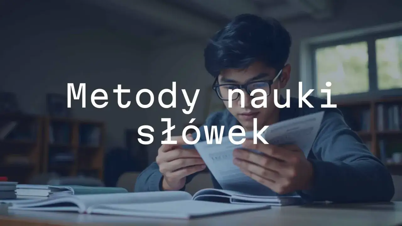 Młody mężczyzna w okularach czyta materiały, szukając inspiracji, jak uczyć się słówek.