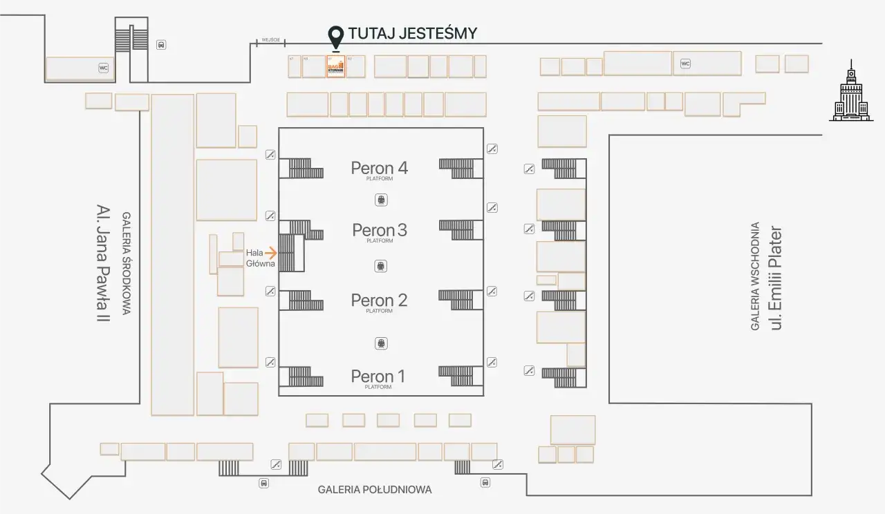 Mapa dworca z zaznaczoną przechowalnią bagażu. Tutaj dowiesz się, ile kosztuje przechowalnia bagażu na dworcu.