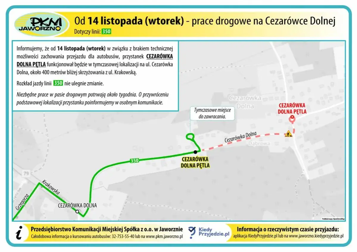 Zmiana trasy linii 350 MPK Jaworzno od 14 listopada. Tymczasowy rozkład jazdy z powodu prac drogowych na ul. Cezarówka Dolna.