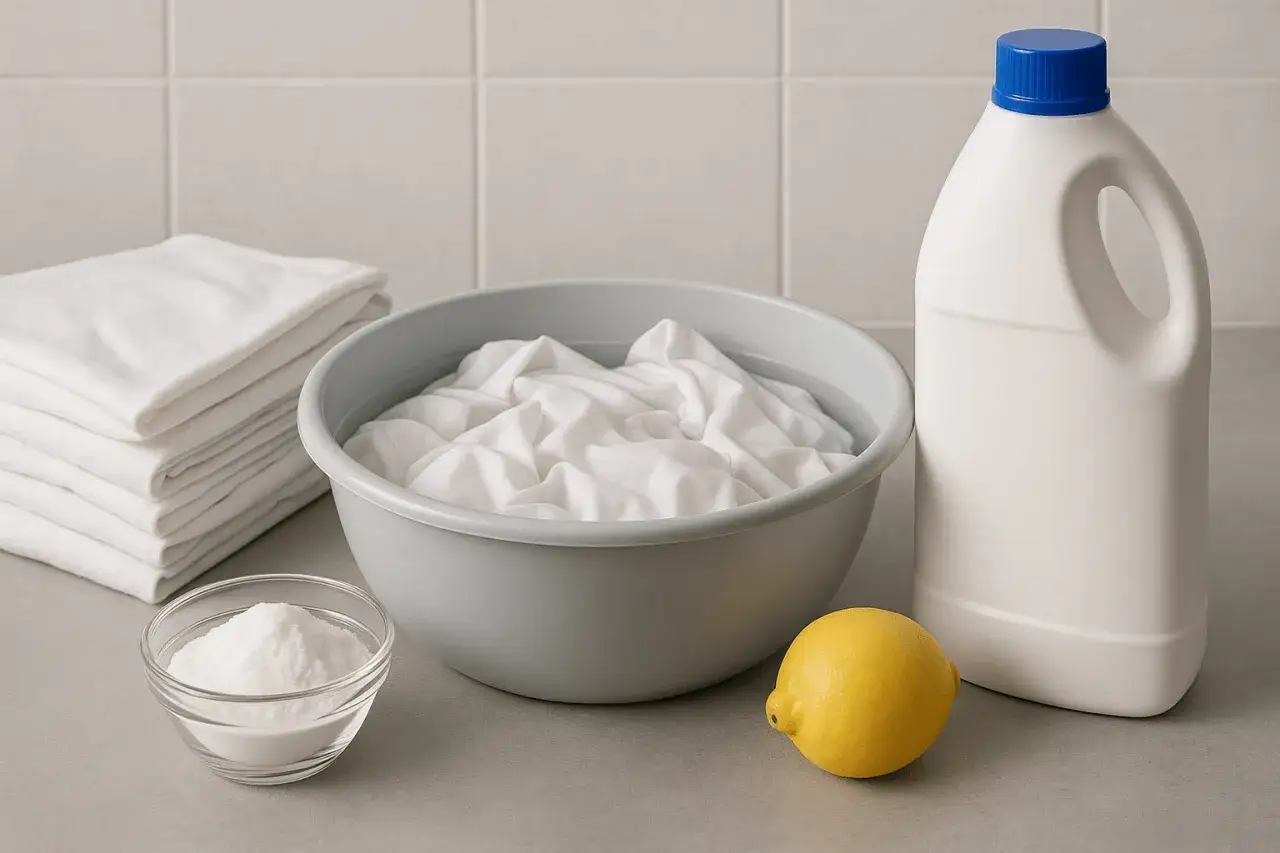 Biała bluzka w misce z wodą, obok cytryna, proszek i wybielacz. Oto jak czym wybielić białą bluzkę.