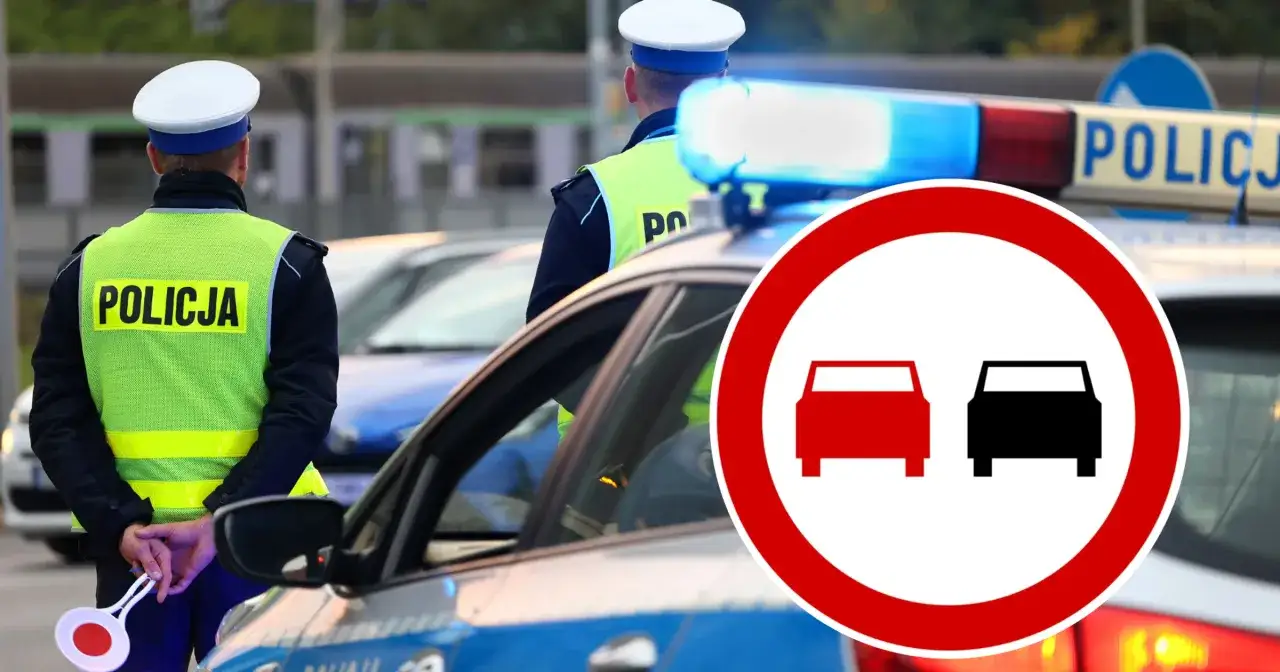 Policjanci i znak zakazu wyprzedzania. Pamiętaj, kiedy można wyprzedzać pojazd uprzywilejowany, by zapewnić bezpieczeństwo.