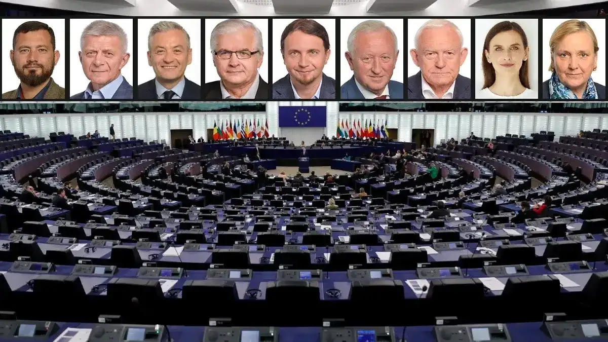 Portretowe zdjęcia europosłów z Polski na tle sali plenarnej Parlamentu Europejskiego.