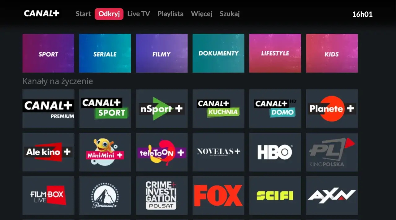Ekran główny Canal+ z kategoriami: Sport, Seriale, Filmy. Pod nimi kanały na życzenie, np. CANAL+ PREMIUM, nSport+, Ale kino+. Dowiedz się, jak zainstalować nc go na telewizorze Samsung.