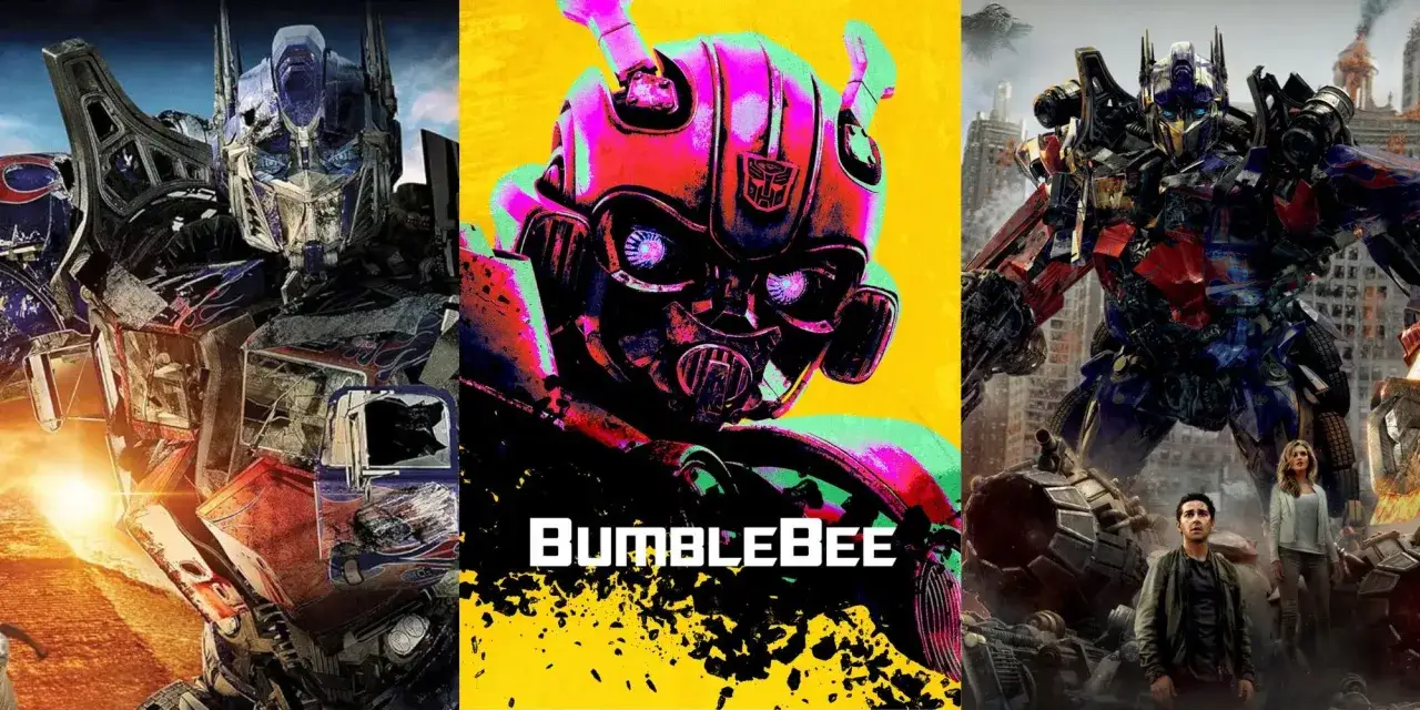 Trzy części Transformers: Optimus Prime, stylizowany Bumblebee i Optimus Prime z ludźmi w tle.