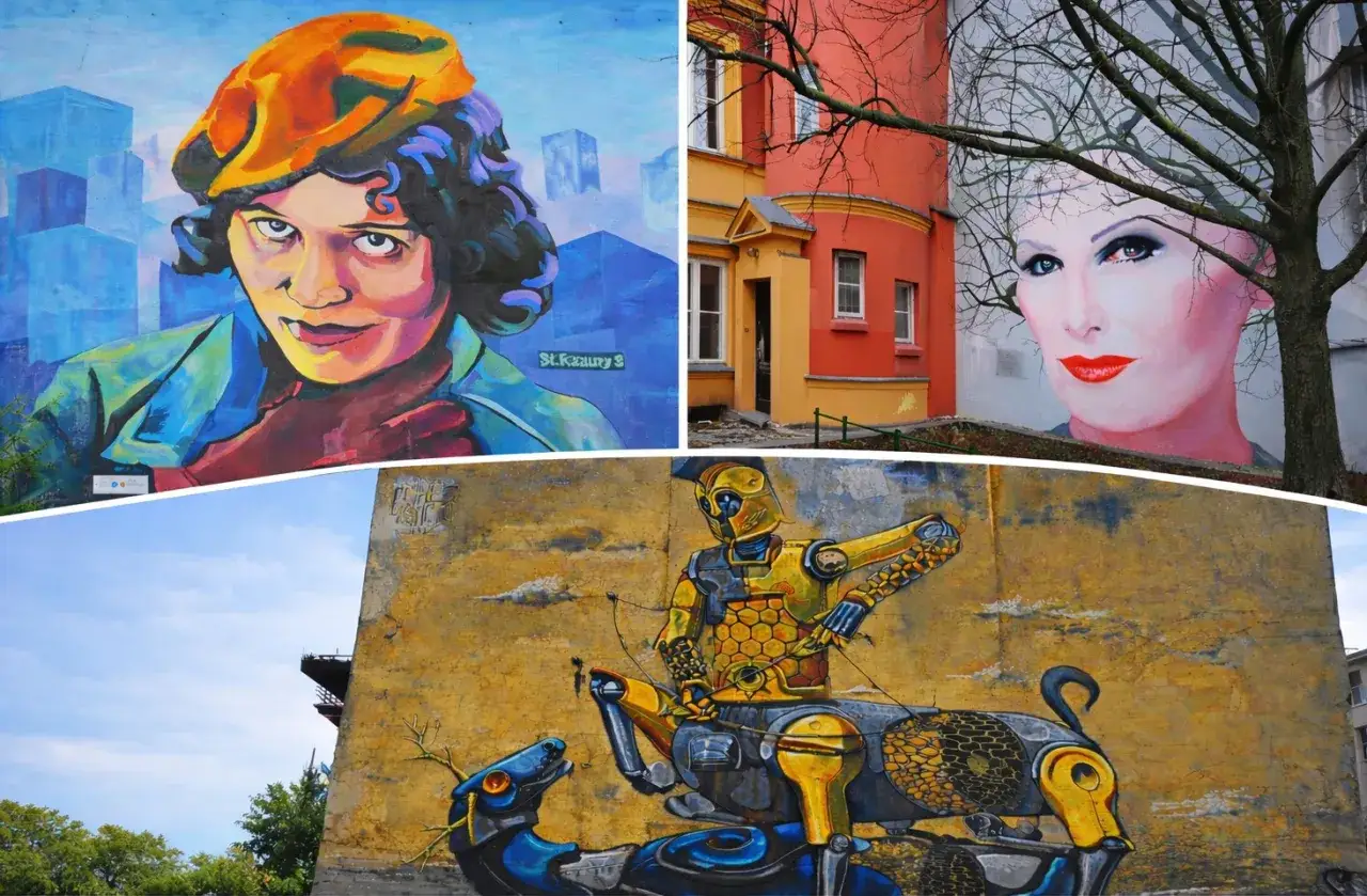 Kolorowe murale w Polsce: portret kobiety w beretce, twarz kobiety z czerwonymi ustami i robot-centaur.