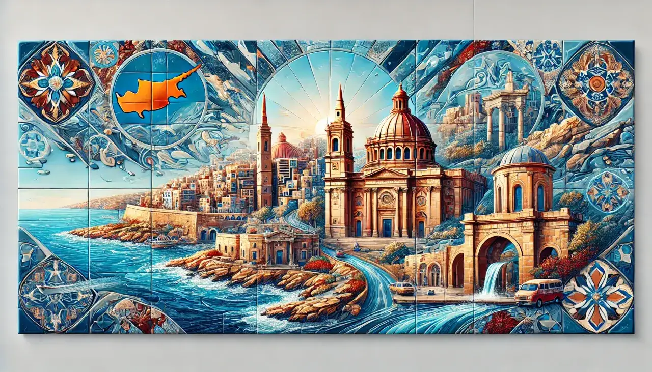 Malta czy Cypr? Obraz przedstawia maltańską architekturę i krajobraz, z widocznym zarysem Cypru.