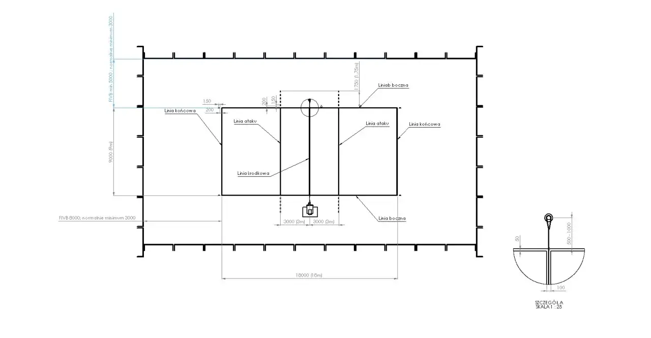 schemat boiska do siatk&oacute;wki halowej z wymiarami