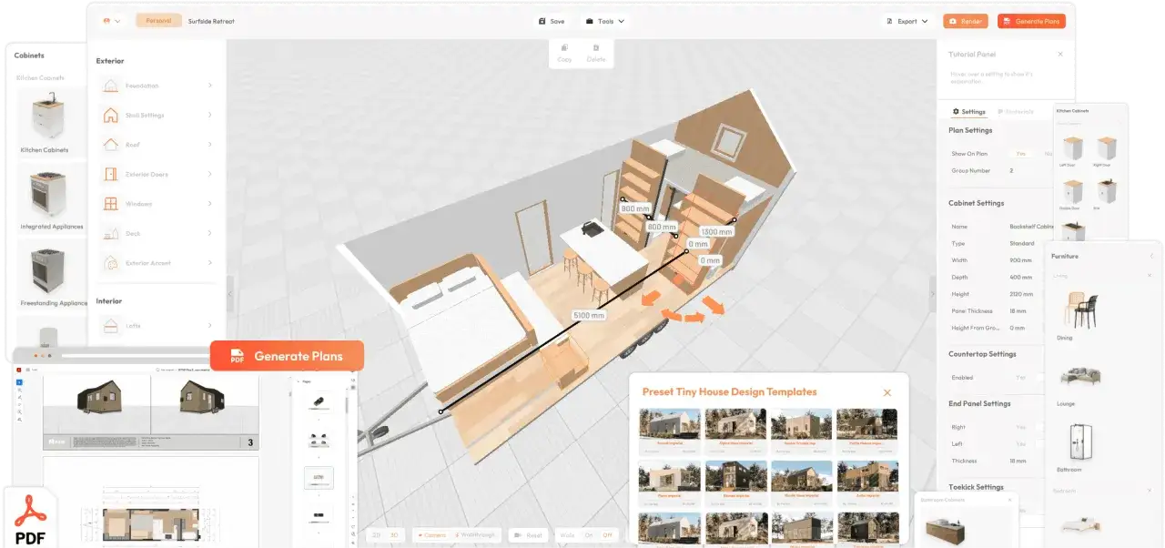 Program do projektowania domów pozwala na tworzenie wizualizacji wnętrz, jak ta przytulna przyczepa kempingowa z aneksem kuchennym i sypialnią.