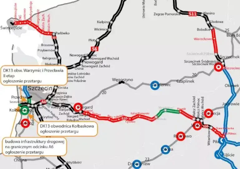 Mapa dr&oacute;g ekspresowych i autostrad prowadzących do Szczecina (S3, S6, A6)
