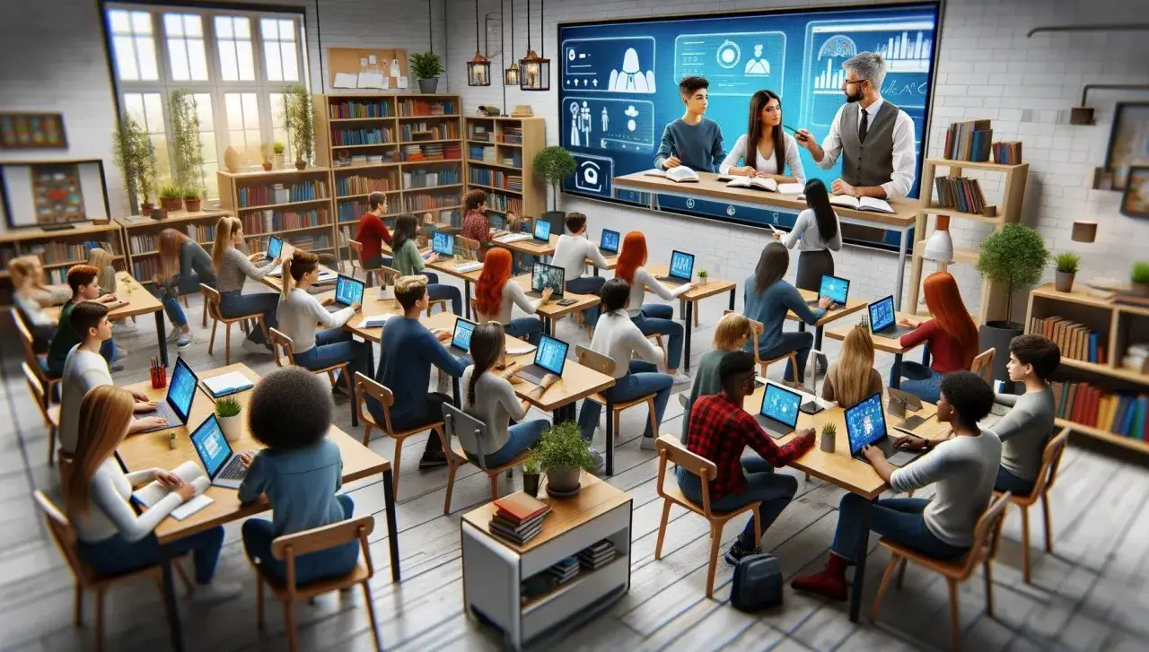 Nowoczesna sala lekcyjna, gdzie uczniowie pracują na laptopach, a na ekranie wyświetlane są materiały. Tak będzie wyglądało nauczanie hybrydowe.